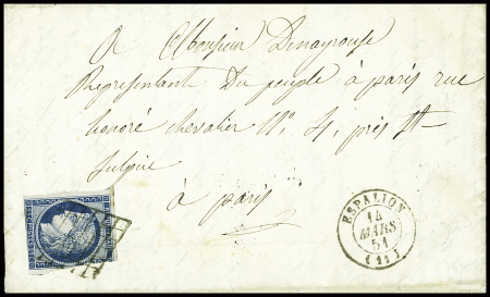 N°3 obl grille + T15 Espalion (1850) sur lettre, ind 15. TB