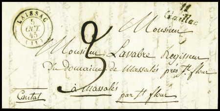 Lettre avec cursive "11 Gaillac" + T15 Laissac (1845), ind 22. Rare et TB