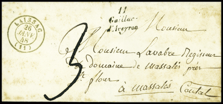 Lettre avec cursive "11 Gaillac d'Aveyron" + T15 Laissac (1848) sur lettre, ind 17. TB