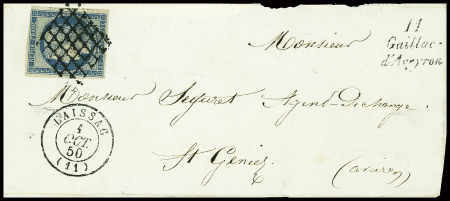 N°4 obl grille + T15 Laissac (1850) sur devant de lettre, ind 17. TB