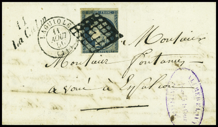 N°4, touché, obl grille + cursive "11 La Calm" + T15 Laguiole (1850) sur lettre. TB