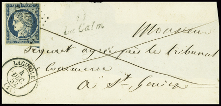 N°4 obl PC 1617 + T15 Laguiole (1852) + cursive "11 La Calm" sur devant de lettre avec rabat. TB