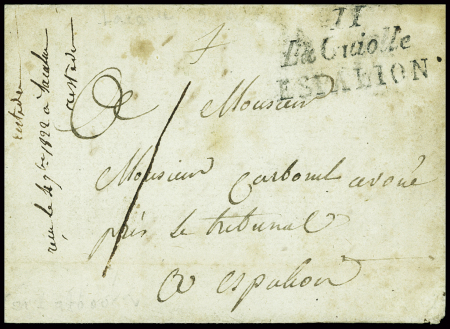 Double cursive "11 La Guiolle Espalion" (1822), ind 21. rare et TB