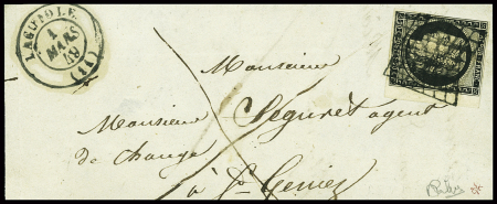 N°3, petit BDF à droite obl grille + T15 Laguiole (1849) sur devant de lettre, signé Calves, ind 18. TB