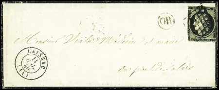 N°3 (touché à gauche) obl grille + T15 Laissac (1849) + "OR" sur env de deuil, ind 19. TB