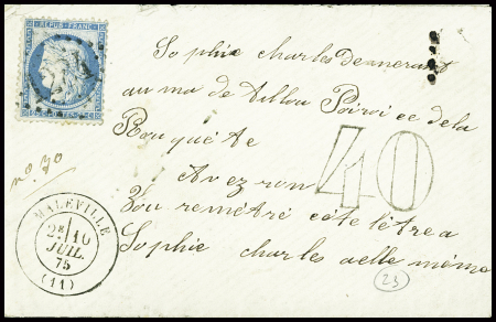 N°60 sur lettre avec T17 "Maleville (11)" (1875) + taxe 40 double-trait pour timbre ayant déjà servi + dossier de saisie jaune avec CAD