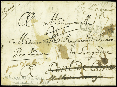 Lettre de Vevay (1758) avec au verso marques manuscrites "Déboursé de Lodève" (L4 - ind 20) et "Déboursé de Millau" (L4 - ind 19). TB