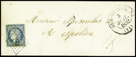 N°4 obl PC 2201 + T13 "Mur-de-Barrez" (1852) sur lettre, ind 19. TB