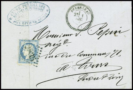 3 lettres et 1 devant : cursive "11 Peyreleau" + T15 Millau (ind 20), n°14 obl PC 2423 + T22 Peyreleau (1855) (ind 18+, n°21 obl GC 2835 + T22 "Peyreleau"