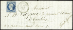 3 lettres et 1 devant : cursive "11 Peyreleau" + T15 Millau (ind 20), n°14 obl PC 2423 + T22 Peyreleau (1855) (ind 18+, n°21 obl GC 2835 + T22 "Peyreleau"