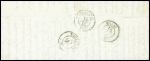 3 lettres et 1 devant : cursive "11 Peyreleau" + T15 Millau (ind 20), n°14 obl PC 2423 + T22 Peyreleau (1855) (ind 18+, n°21 obl GC 2835 + T22 "Peyreleau"