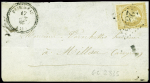 3 lettres et 1 devant : cursive "11 Peyreleau" + T15 Millau (ind 20), n°14 obl PC 2423 + T22 Peyreleau (1855) (ind 18+, n°21 obl GC 2835 + T22 "Peyreleau"