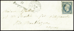 N°14 obl PC 2671 + cursive "11 Rieupeyroux" + T15 Villefranche de Rouergue (1854) sur lettre. TB