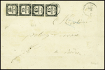 Taxe n°3, 15c noir, bande de 4 verticale obl T15 Rodez (1865) sur lettre, signé Baudot. TB