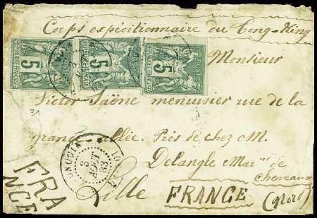 Col. Gen n°31, 5c vert, 3 pièces obl CAD "Tonquin Hanoï" (1883) sur lettre au tarif militaire à 15c avec mention manuscrite