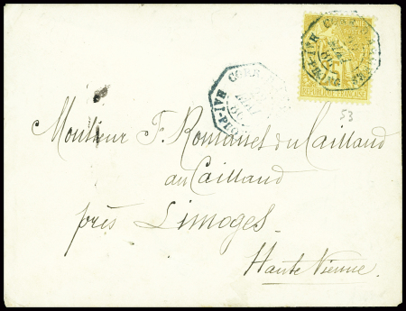 Col. Gen. N°53 obl CAD octogonal bleu "Corr. D. armées Haï-Phong" (22 mai 1886) sur une petite lettre pour Limoges. TB
