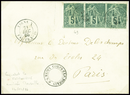 Col. Gen. N°49, 3 pièces, obl CAD "Corr d. arm. Ligne N PAQ. N°10" (19.12.1885) sur lettre pour Paris avec CAD rond "Ligne N PAQ FR N°10" et CAD rond