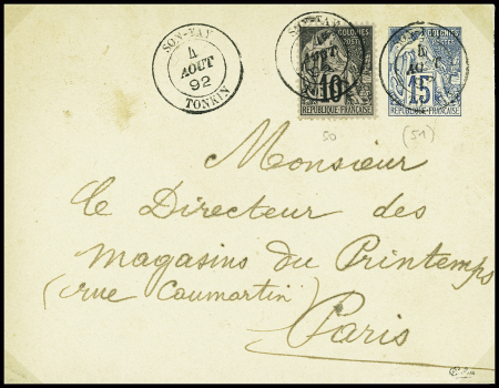 Col. Gen. N°50 obl CAD "Son-Tay Tonkin" (1892) sur env entier postal col. Gen. N°51, 15c Alphée Dubois, signé Calves. TB
