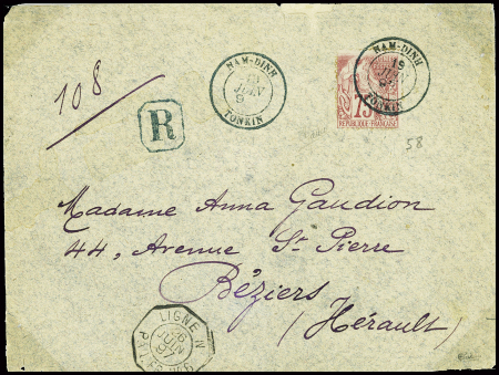 Col. Gen. N°58, 75c rose obl CAD "Nam-Dinh Tonkin" (1897) répété à côté sur lettre recommandée du 2ème échelon de poids pour Béziers. Jolie pièce