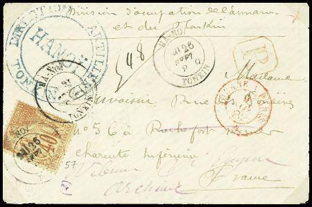 Col. Gen. N°57, 40c orange, obl CAD "Ha-Noï Tonkin" (1889) sur lettre au tarif militaire recommandée avec cachet bleu "Direction artillerie - Hanoï Tonkin"