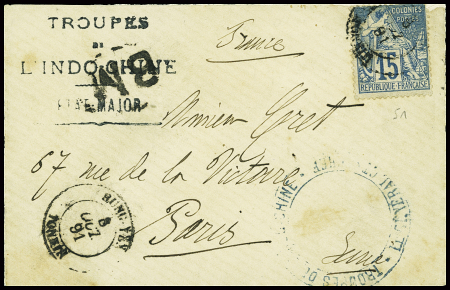 Col. Gen. N°51 obl CAD "Hung-Yen Tonkin" (1891) sur une petite lettre avec grand ovale "BM" et griffe noire "Troupes de l'Indochine etat-major"