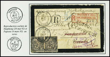 Col. Gen n°54 en paire obl CAD "Nam-Dinh Tonkin" (1892) sur env de deuil recommandée pour Tahiti avec étiquette de transit de San Francisco