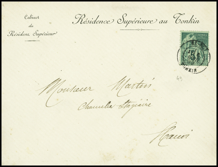 Col. Gen. N°49 obl CAD "Ha-Noï Tonkin" (1892) sur lettre locale à en-tête "Résidence supérieure au Tonkin - Cabinet du Résident Supérieur". TB