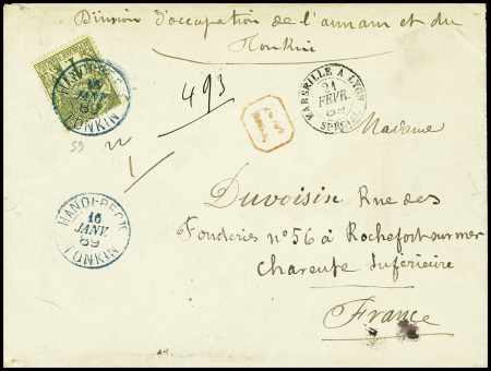 Col. Gen. N°59, 1F olive obl CAD bleu "Hanoï - RECte Tonkin" (1889) sur lettre recommandée avec mention manuscrite