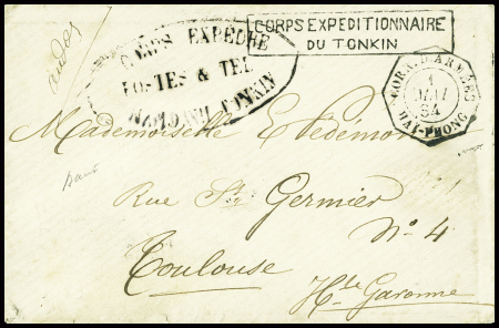 Petite lettre en franchise  avec CAD octogonal "Corr. D. Armees Haï-Phong" (1884) + cachet ovale noir "Corps EXPEDre postes & tel Namdinh Tonkin"