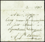 Lettre de Bordeaux pour St Clément par Paris (1800) mal dirigée avec mention ajoutée "P. Nancy" et au verso marque cursive au tampon "Deb. De Nancy"