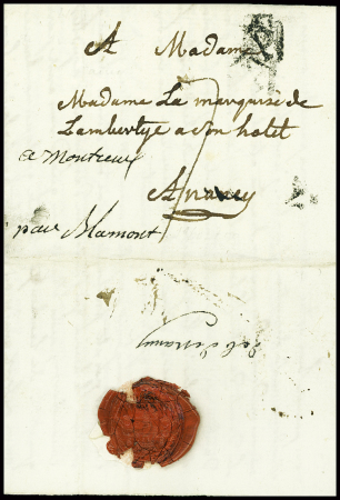 Lettre de Paris pour Nancy (1785) réexpédiée à Blamont avec taxe 7 sols et au verso marque manuscrite "Deb de Nancy" (L37), ind 17. TB