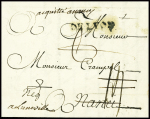 Lettre de Lyon pour Nancy en port dû avec taxe 14 sols rayée réexpédiée à Luneville et mention manuscrite "Acquitté à Nancy" (pour éviter le déboursé)