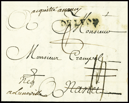 Lettre de Lyon pour Nancy en port dû avec taxe 14 sols rayée réexpédiée à Luneville et mention manuscrite "Acquitté à Nancy" (pour éviter le déboursé)