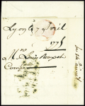 Lettre de Lyon pour Nancy en port dû avec taxe 14 sols rayée réexpédiée à Luneville et mention manuscrite "Acquitté à Nancy" (pour éviter le déboursé)