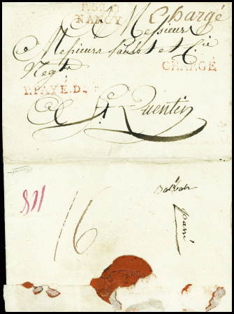 MP rouge "P 52 P Nancy" (1792) sur lettre pour St Quentin avec MP rouge "Chargé" + "P payé D" de contrôle à Paris et taxe manuscrite "16" au verso. TB