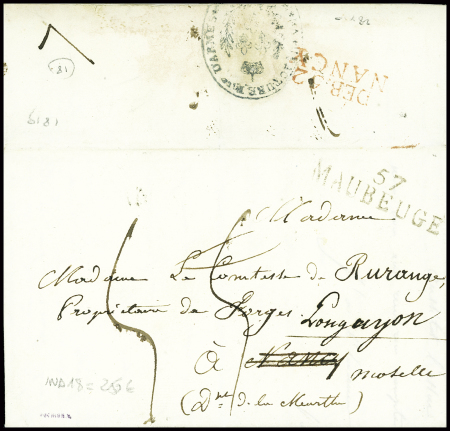 Lettre avec MP "57 Maubeuge" pour Nancy réexpédiée à Longuyon avec au verso MP rouge "Deb 52 Nancy" (1819), ind 18. TB