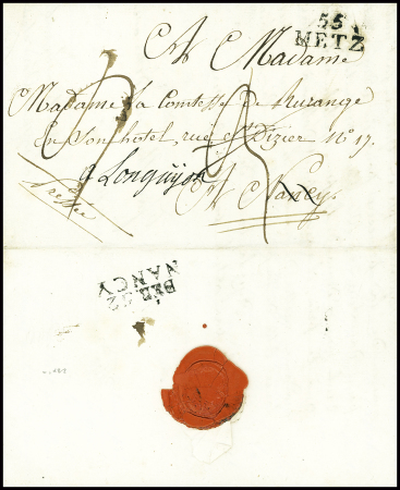 Lettre avec MP "55 Metz" (1817) pour Nancy réexpédiée à Longuyon car destinataire absent avec au verso MP "Deb 52 Nancy", ind 16. TB