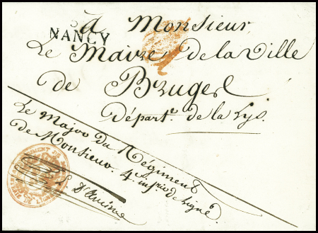 Lettre de Nancy (23 janv 1815) d'un militaire de l'armée royaliste avec MP "52 Nancy" + cachet ovale rouge