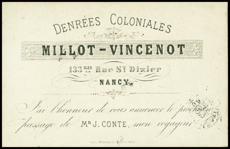 N°19, 1c olive, obl. T15 Nancy (1861) sur carte "denrées coloniales Millot - Vincenot Nancy" annonçant la visite d'un représentant. TB