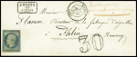 N°14 sur lettre avec T15 Nancy (1859) + taxe 30 double-trait + mention manuscrite au crayon rouge "Timbre paraissant avoir déjà servi" + circulaire de saisie