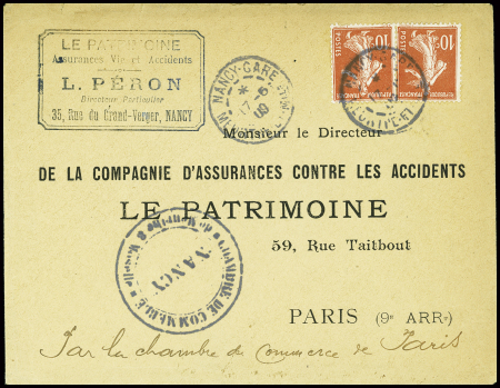 Lettre de grève : n°138 en paire OBL Nancy-gare (17.5.1909) + cachet noir "chambre de commerce de Meurthe & Moselle - Nancy" pour Paris. TB