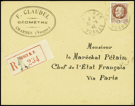 N°517 obl. "Charmes Vosges" (1942) sur lettre pour le maréchal Pétain avec étiquette de recommandation d'office apposée à Nancy RP. TB