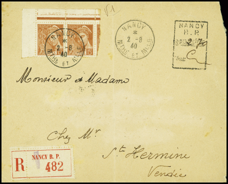 Bel ensemble de 19 plis avec marque rect d'AFF de fortune en numéraire de Nancy RP et Nancy PL St Jean (juin - aout 1940). TB