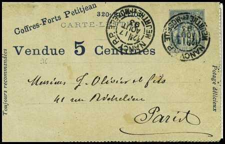 Carte-lettre annonces 15c Sage vendue 5 centimes (320e édition) avec annonces publicitaires de Nancy obl. (1893)