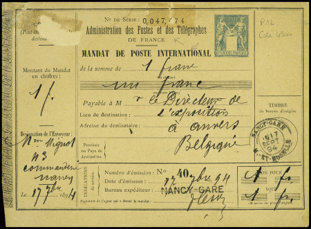 Mandat de poste international Sage sans valeur indiquée dans le cartouche (Sag P8a) obl. Nancy-Gare (1894) pour la Belgique, quelques défauts mais rare