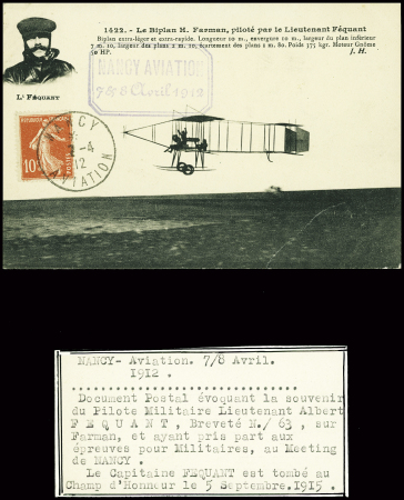 N°138 obl. Rare CAD rond "Nancy aviation" (7.4.12) sur carte postale représentant le biplan Farman du lieutenant Féquant avec cachet rect violet