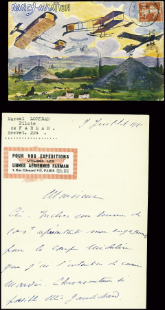 N°137 obl. CAD rond "Nancy aviation" (8.4.12) sur carte postale + 3 CP dont 2 en couleurs de Nancy aviation et lettre autographe de l'aviateur Marcel Loridan
