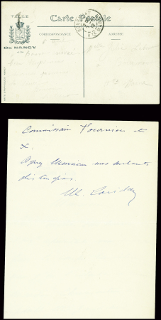 N°137 obl. CAD rond "Nancy aviation" (8.4.12) sur carte postale + 3 CP dont 2 en couleurs de Nancy aviation et lettre autographe de l'aviateur Marcel Loridan