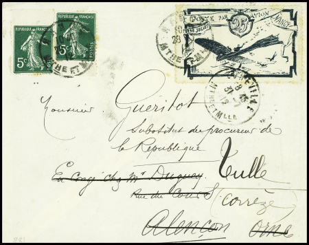 N°137, 2 pièces, obl. Nancy (28.7.12) sur lettre avec grand timbre semi-officiel 26c bleu et arrivée du vol Nancy - Lunéville (31.7.12) (Muller n°9)