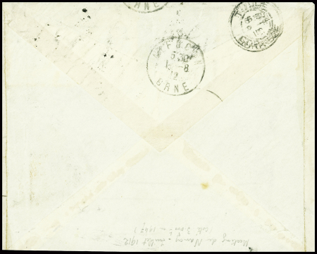 N°137, 2 pièces, obl. Nancy (28.7.12) sur lettre avec grand timbre semi-officiel 26c bleu et arrivée du vol Nancy - Lunéville (31.7.12) (Muller n°9)